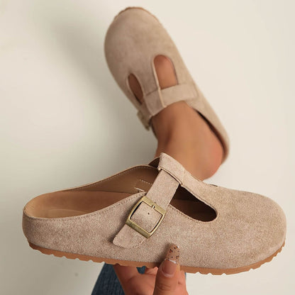 Sabots en suédine à bride en T femme Momount – boucle mule bout fermé liège semelle intérieure
