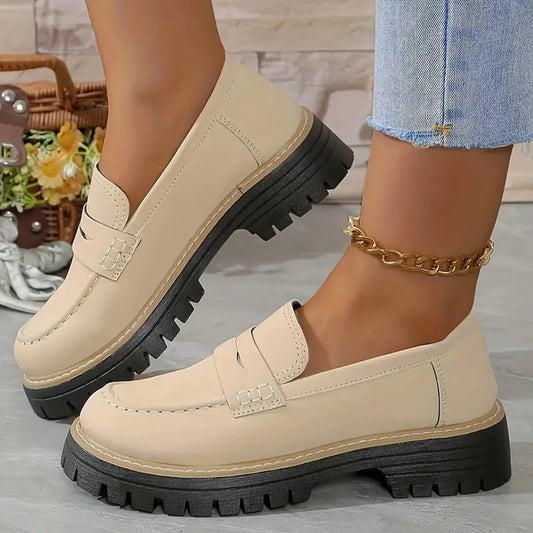 Momount Women Platform Loafers – Lug Sole Penny Strap Slip-On Round Toe