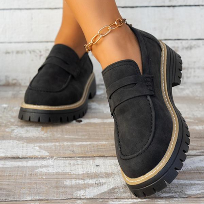 Momount Women Platform Loafers – Lug Sole Penny Strap Slip-On Round Toe