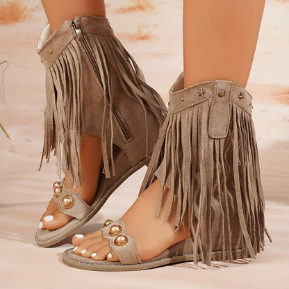 Momount Women Fringe Gladiator Sandals – Suede Studded Side Zipper Boho