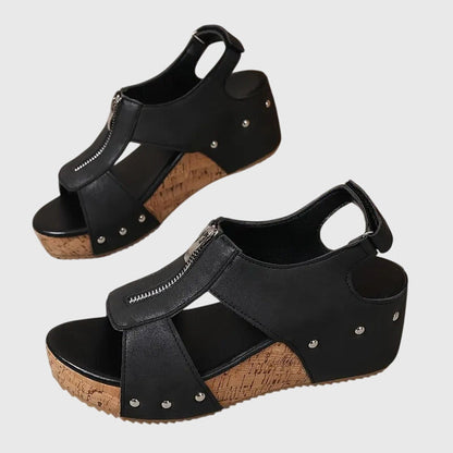 Momount Women Cork Wedge Sandals – Leather Front Zipper Studded Peep-Toe