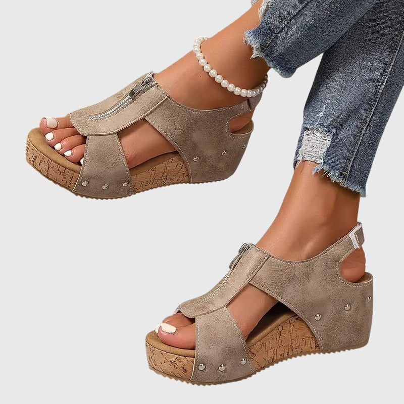 Momount Women Cork Wedge Sandals – Leather Front Zipper Studded Peep-Toe