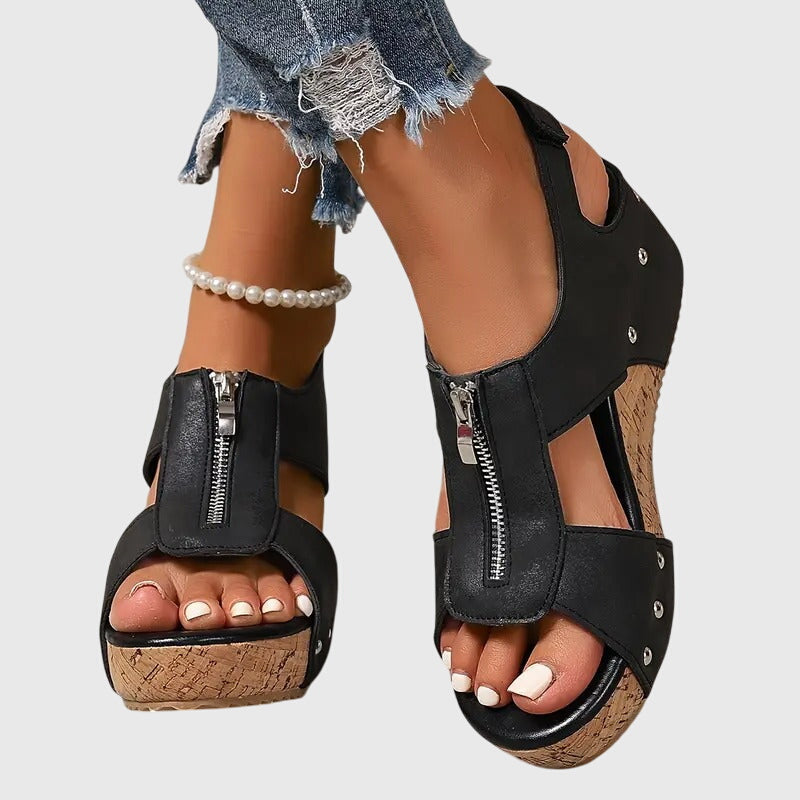 Momount Women Cork Wedge Sandals – Leather Front Zipper Studded Peep-Toe