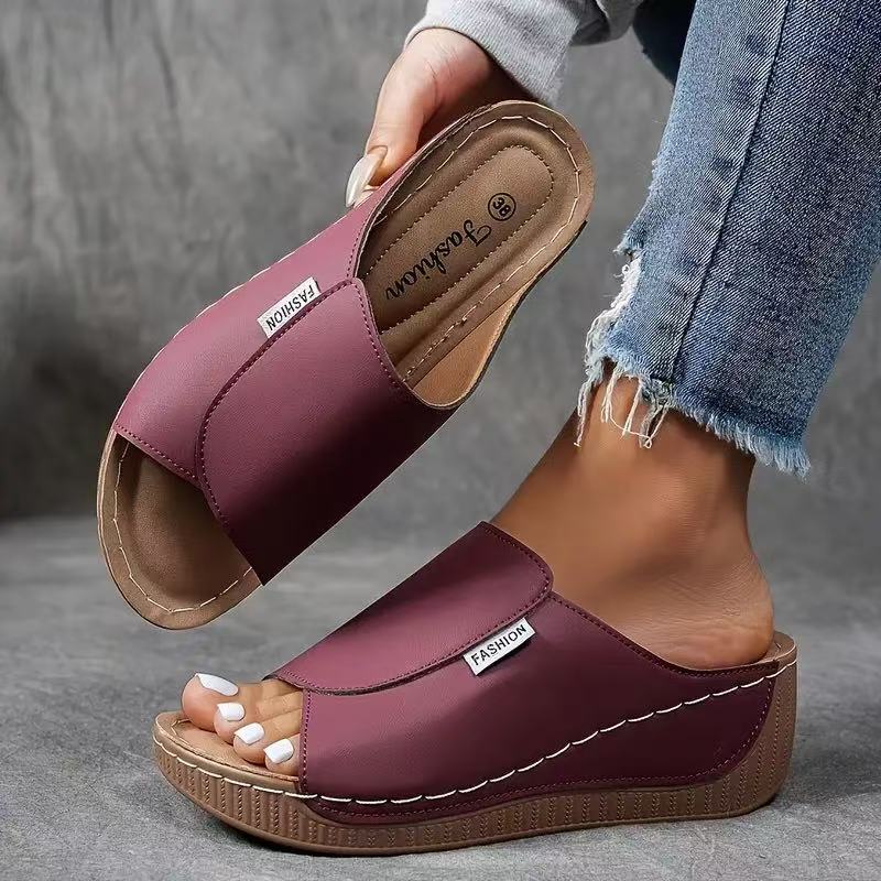 Momount Women Platform Wedge Sandals – Brown Leather Open-Toe Mule