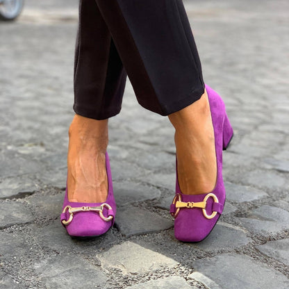 Momount Zapatos de Tacón Ancho de Mujer – Ante con Hebilla y Punta Cuadrada para Oficina