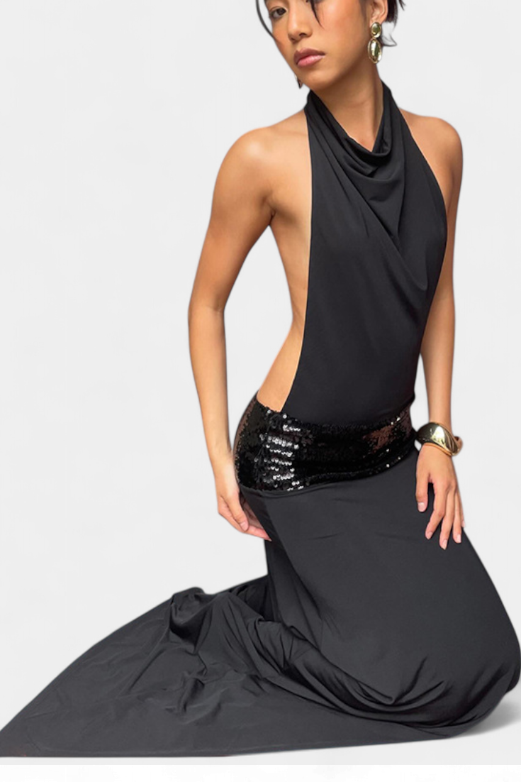 Evangelia | Vestido Largo Halter con Lentejuelas Elegante