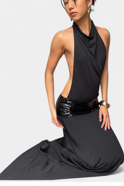 Evangelia | Vestido Largo Halter con Lentejuelas Elegante