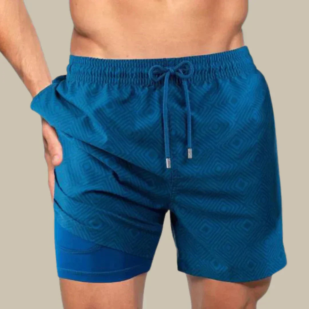 Momount Men Swim Shorts – Tropical Leaf Print Phone Pocket Mesh Liner