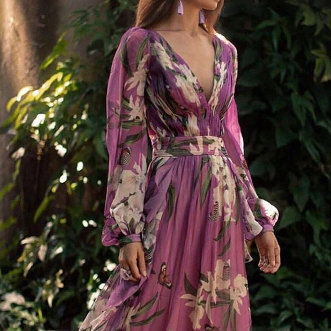 Marciana | Boho Chiffon Floral V Neck Wrap Summer Maxi Dress