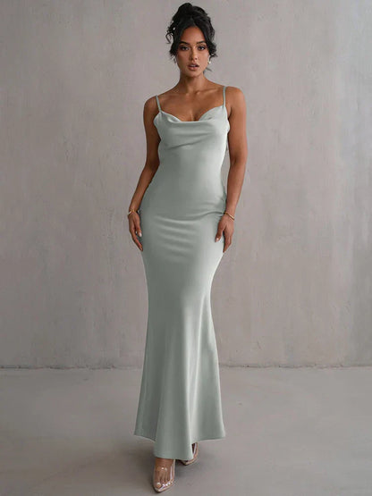 Serenity | Elegant Satin Cowl Neck Bodycon Maxi Dress