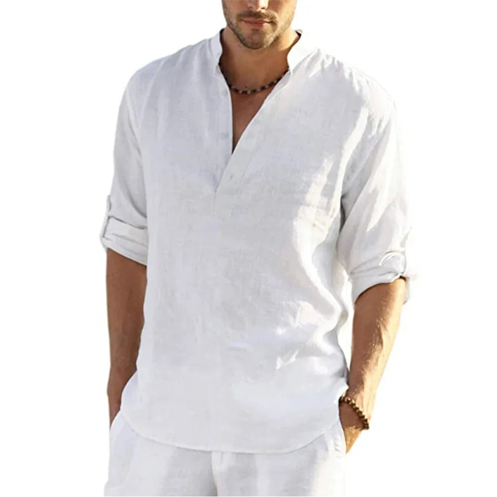 Momount Men Linen Henley Shirt – Long Sleeve Band Collar Casual