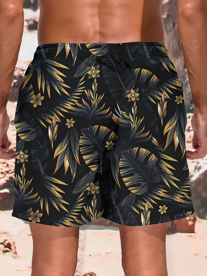 Momount Men Swim Shorts – Tropical Leaf Print Drawstring Knee Length
