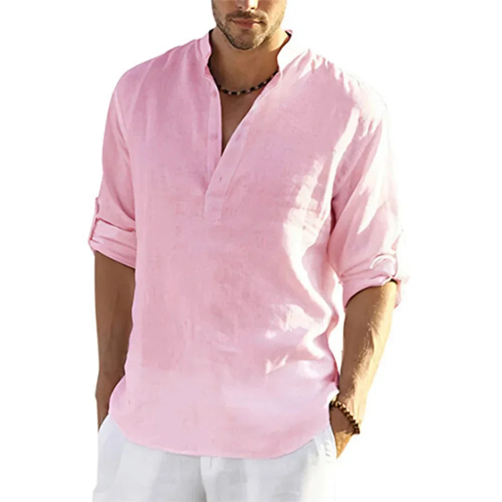 Momount Men Linen Henley Shirt – Long Sleeve Band Collar Casual