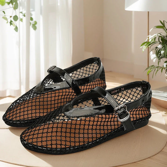 Momount Women Fishnet Ballet Flats