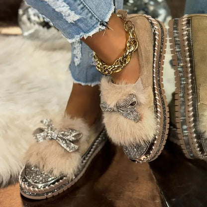Mocassins en fausse fourrure femme Momount – crystal nœud strass bout plush à enfiler