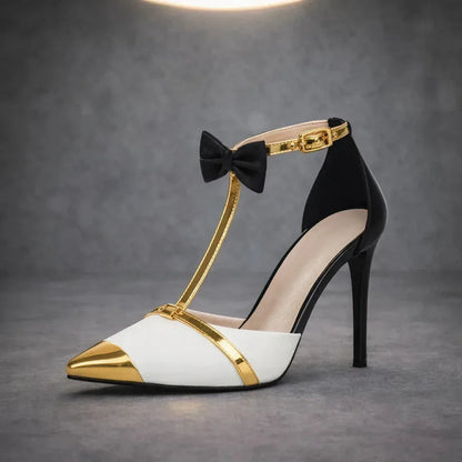 Escarpins à bride en T et talon aiguille femme Momount – nœud bout pointu cap-toe bride cheville