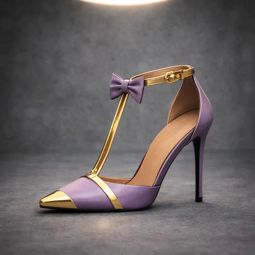 Escarpins à bride en T et talon aiguille femme Momount – nœud bout pointu cap-toe bride cheville
