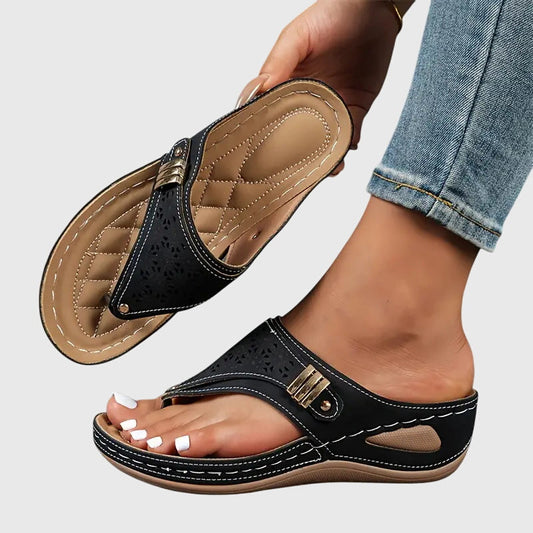 Momount Women Thong Wedge Slides – Leather Laser-Cut Toe-Post Quilted Footbed