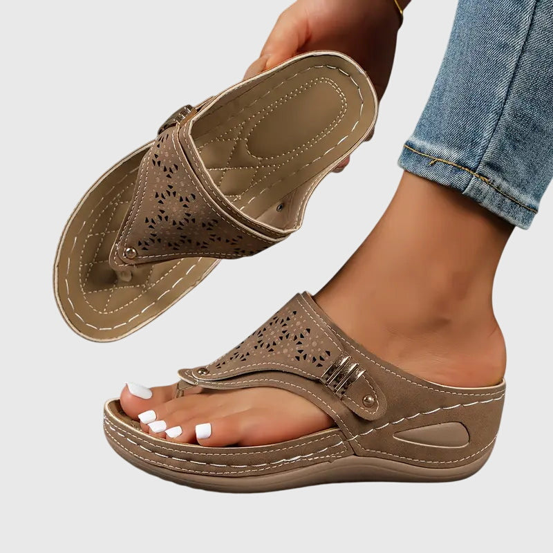 Momount Women Thong Wedge Slides – Leather Laser-Cut Toe-Post Quilted Footbed