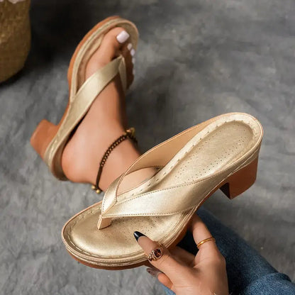 Momount Women Heeled Thong Sandals – Leather Block Heel Toe-Post Cushioned Footbed