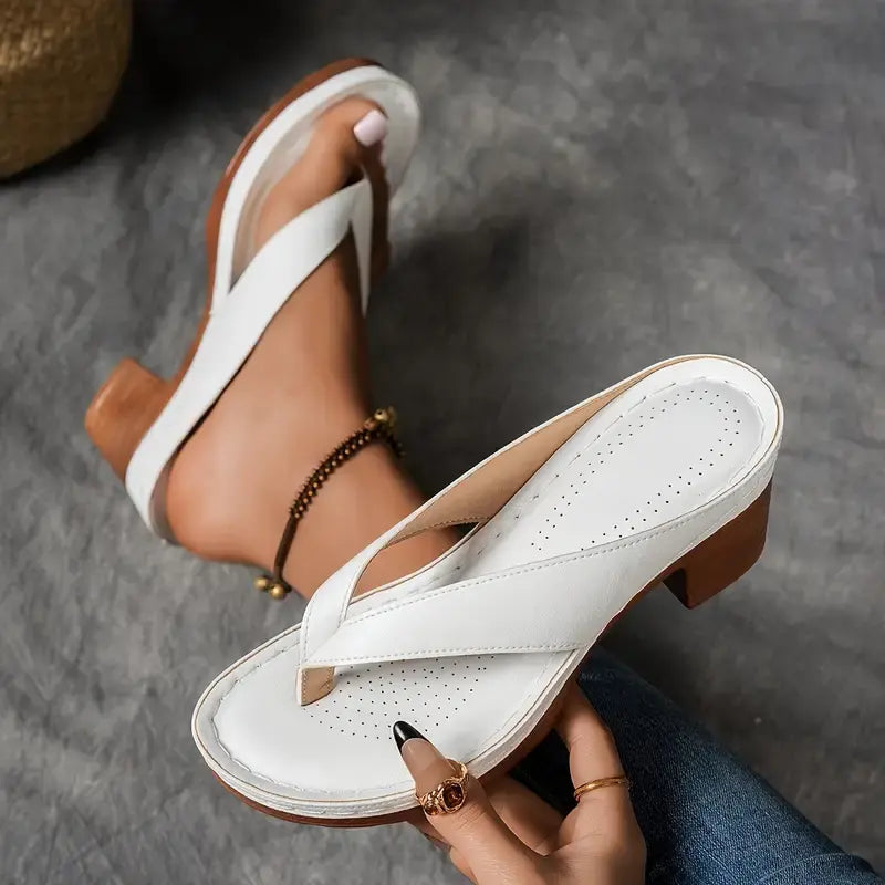 Momount Women Heeled Thong Sandals – Leather Block Heel Toe-Post Cushioned Footbed