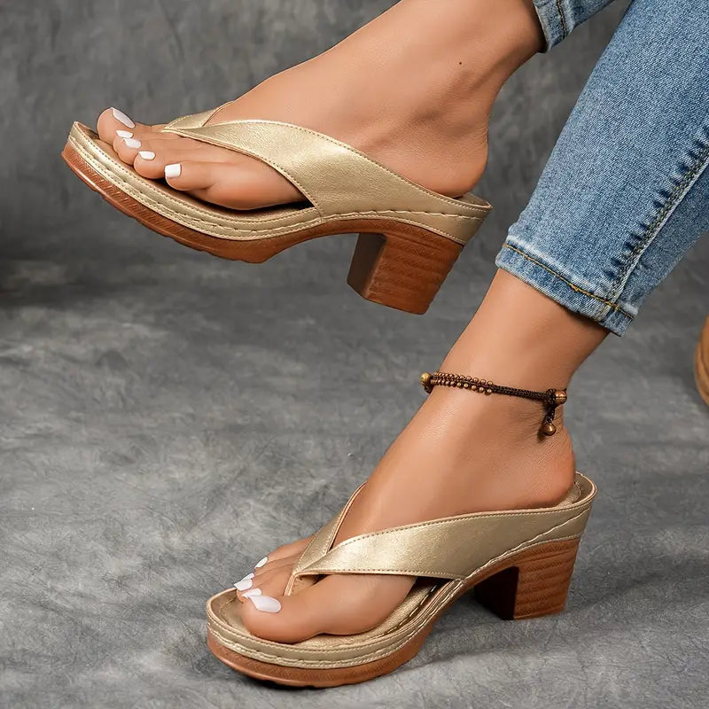 Momount Women Heeled Thong Sandals – Leather Block Heel Toe-Post Cushioned Footbed