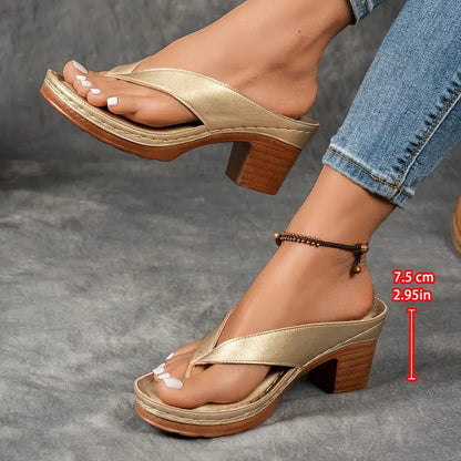 Momount Women Heeled Thong Sandals – Leather Block Heel Toe-Post Cushioned Footbed