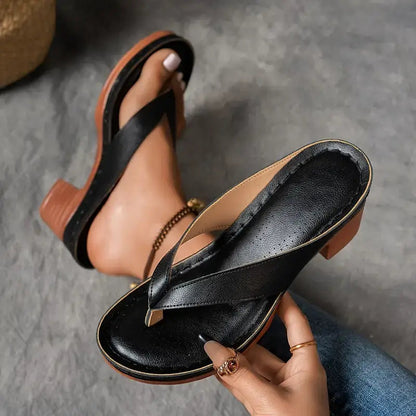Momount Women Heeled Thong Sandals – Leather Block Heel Toe-Post Cushioned Footbed