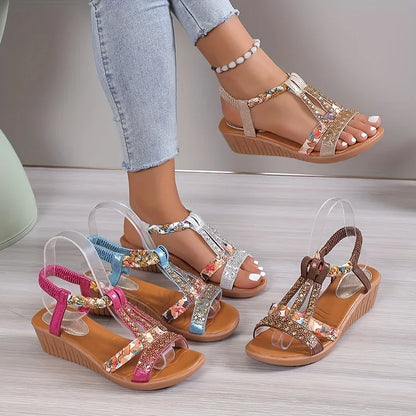 Momount Women Wedge Sandals – Fuchsia Floral Rhinestone Braided Boho