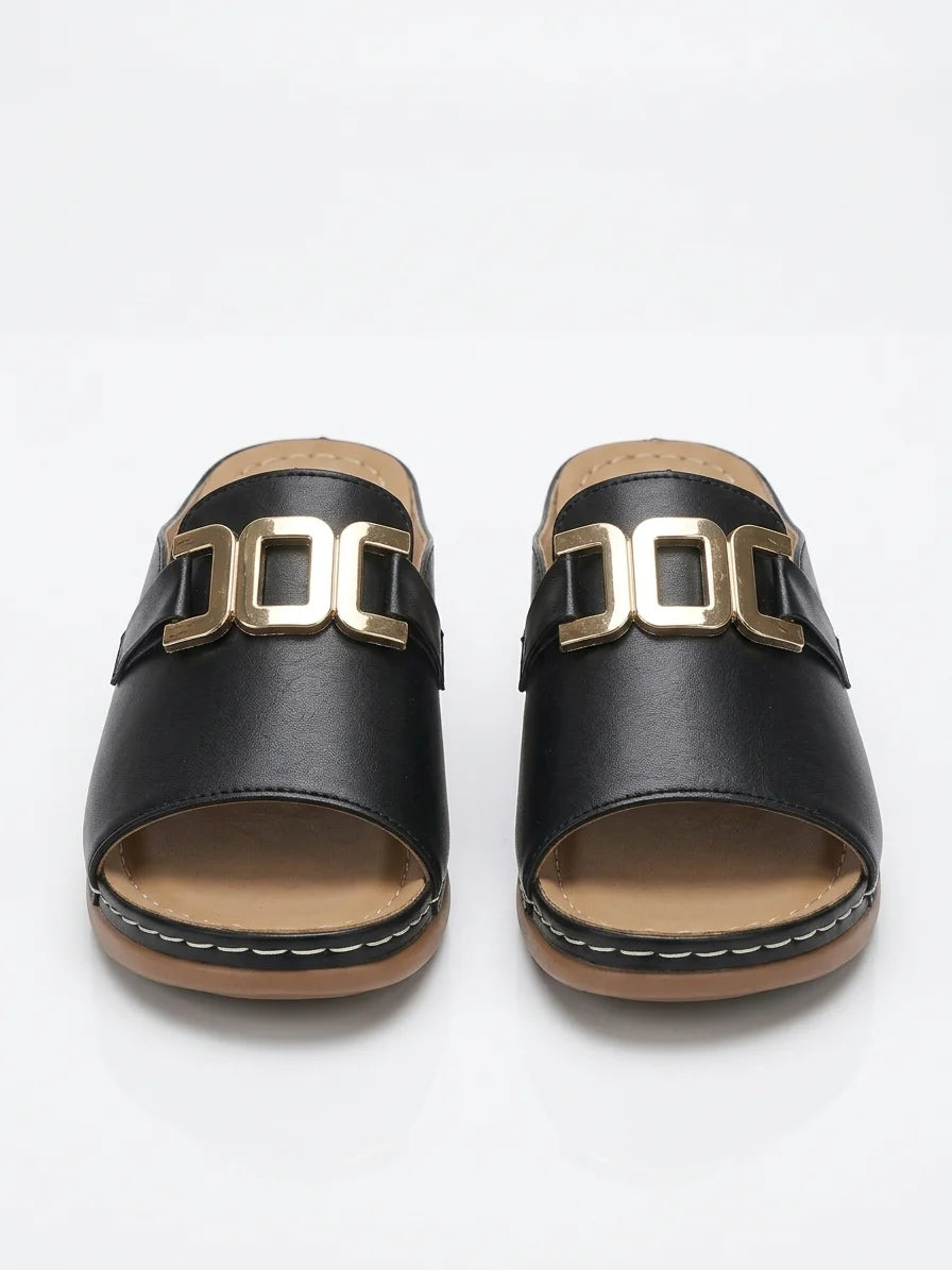 Women's Slide Sandals – Open Toe Wide Band Buckle Detail - Black - front