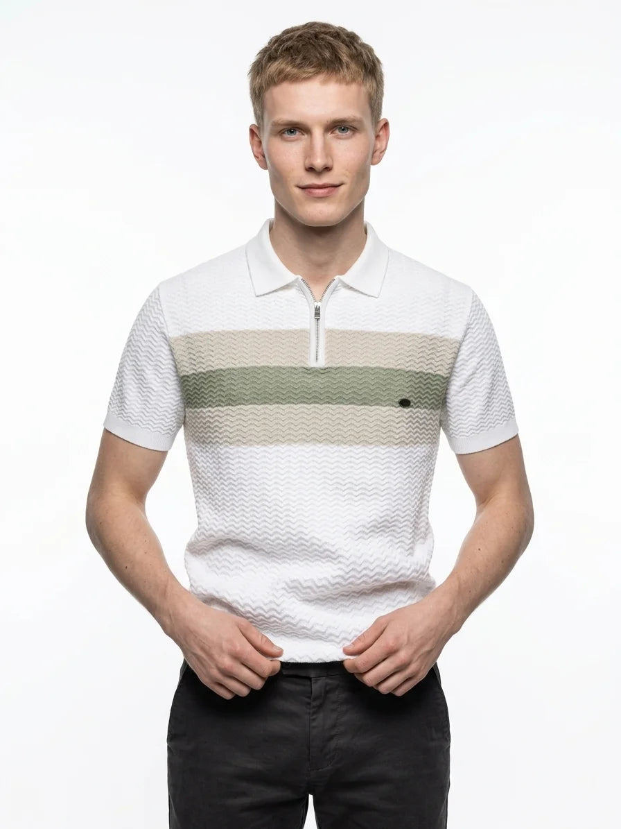 Momount Men Half Zip Polo Shirt – Knit Contrast Stripe Short Sleeve - White - front