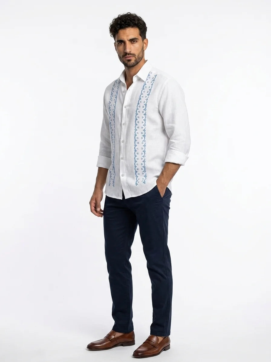 Momount Men Guayabera Linen Shirt – Long Sleeve Embroidered Panels Beach - White - 3/4