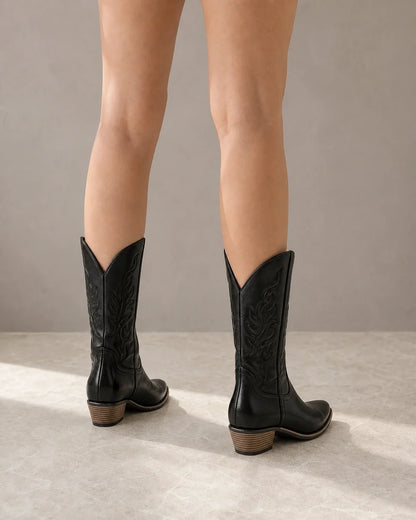 Women's Arabella black western boots, rear view.