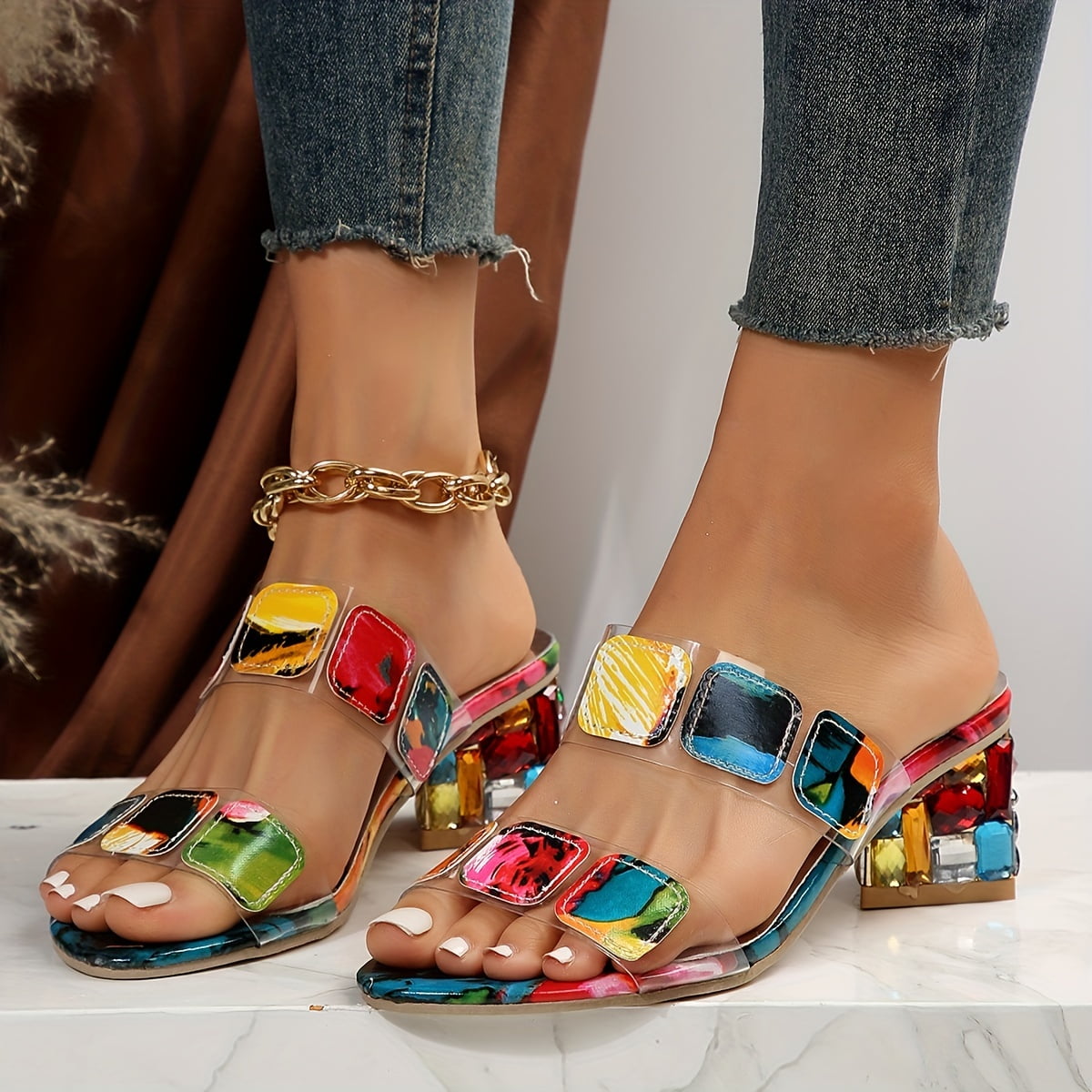 Thessaly | Sandalias de Tacón Bloque con Gemas Cuadradas Transparentes