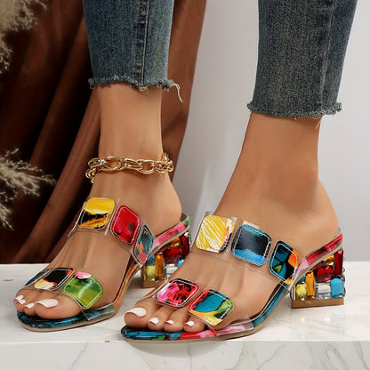 Thessaly | Sandalias de Tacón Bloque con Gemas Cuadradas Transparentes