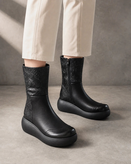 Vintage Embossed Platform Ankle Boots, black hero. — beverly-black-01-hero-worn.webp
