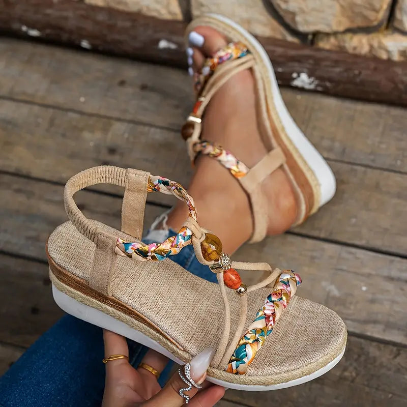 Momount Women Espadrille Wedge Sandals – Boho Braided Beaded Rhinestone