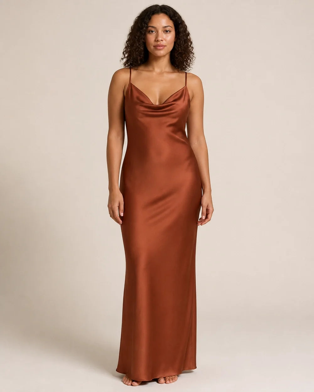 Women's brown satin cowl-neck maxi dress, straight front view