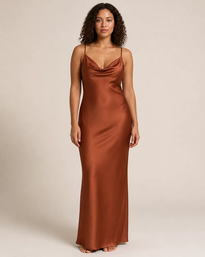 Women's brown satin cowl-neck maxi dress, straight front view