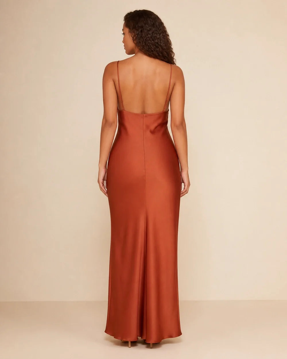 Women's brown satin cowl-neck maxi dress, open back view
