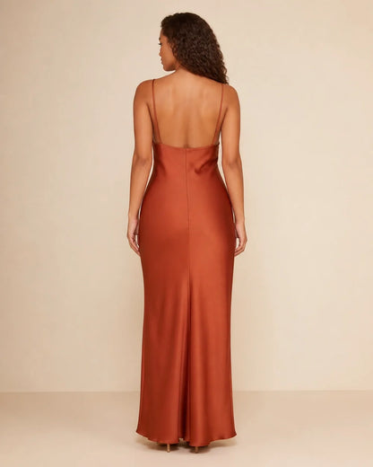 Women's brown satin cowl-neck maxi dress, open back view