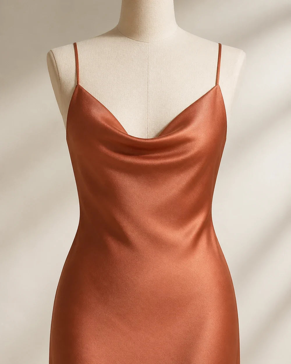 Brown satin cowl-neck maxi dress, neckline and fabric detail