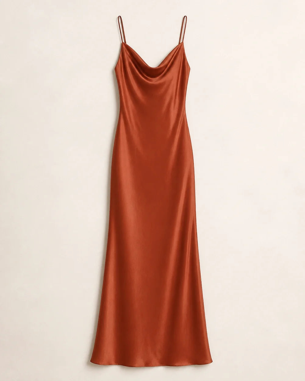 Brown satin cowl-neck maxi dress, product-only full-length view