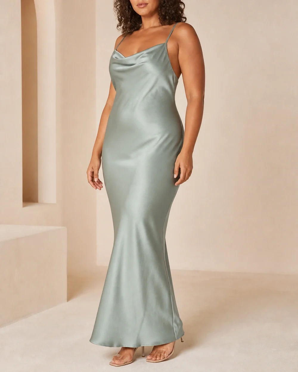 Women's light green satin cowl-neck maxi dress, worn view