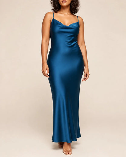 Women's blue satin cowl-neck maxi dress, worn view