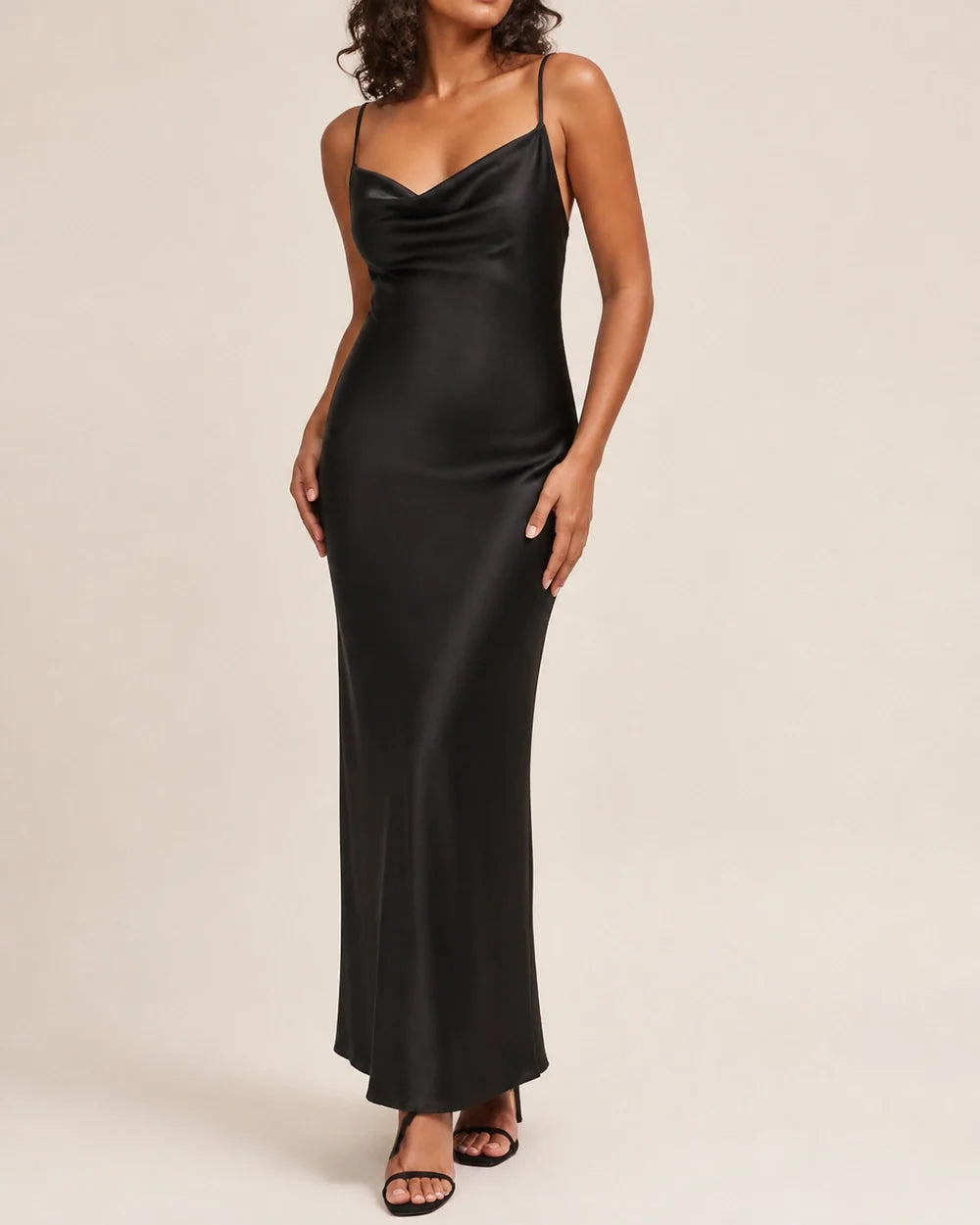 Women's black satin cowl-neck maxi dress, worn view