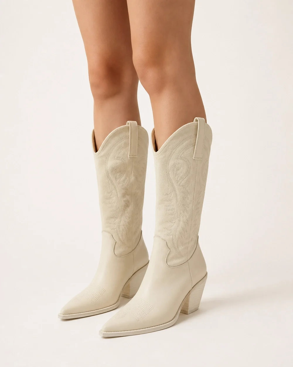 Momount Cassie beige tall western cowboy boots — hero worn view