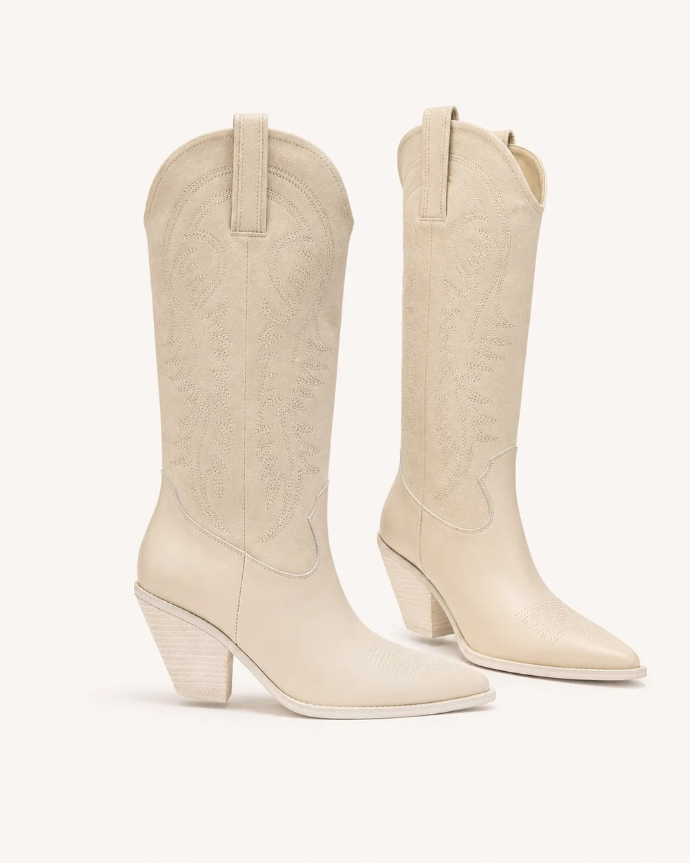 Momount Cassie beige tall western cowboy boots — lateral profile