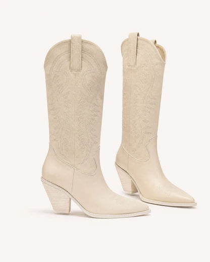 Momount Cassie beige tall western cowboy boots — lateral profile