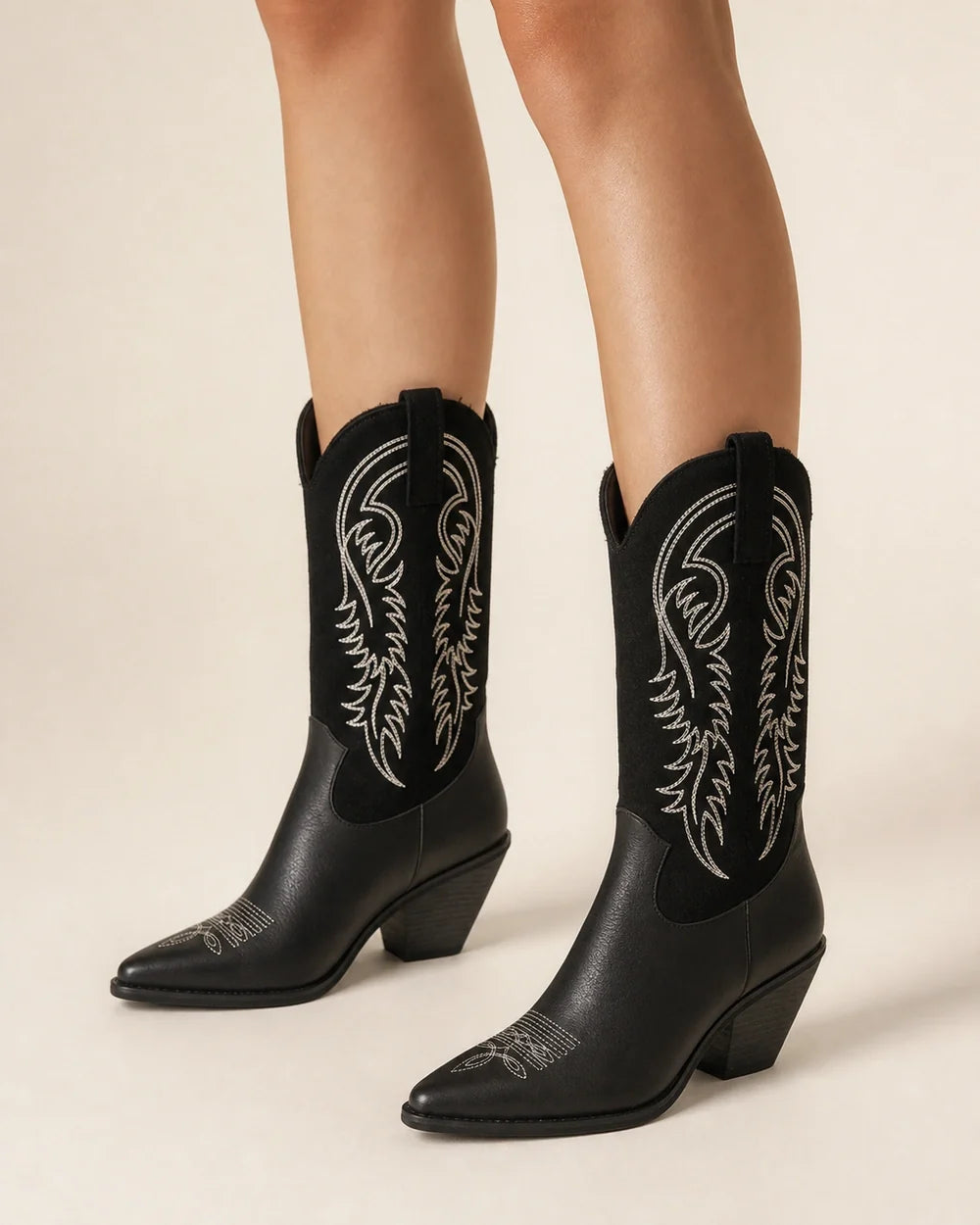 Momount Cassie black tall western cowboy boots — hero worn view